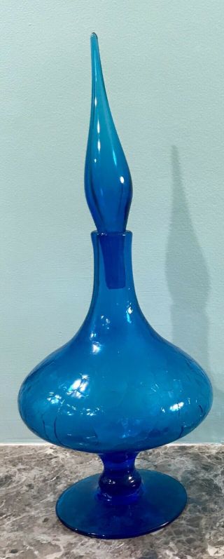 Vintage Blue Footed Decanter Husted Art Crackled Glass With Stopper Blenko?
