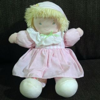 Vintage Eden Plush Baby Doll Pink Dress Stripes Polka Dot Hat Painted Face 10 "