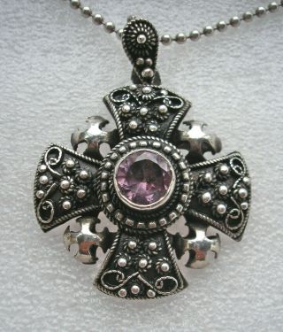 large vintage pure Silver Jerusalem cross pendant purple stone 2