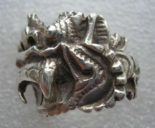 Gorgeous large vintage Chinese Silver Dragon or god head ring size Q 3