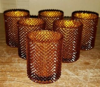 Vintage Set Of 6 Faroy Usa Diamond Cut Pattern Amber Candle Votive Holders