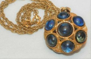Vintage Royal Blue Cabochon Renaissance Pendant Gold Tone 22 " Necklace Trifari?
