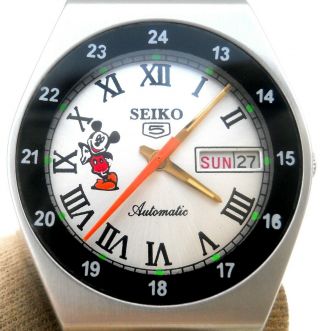 Vintage Japan Seiko 5 Automatic Gorgeous 24h Rail Micky Mouse Day Date Men Watch