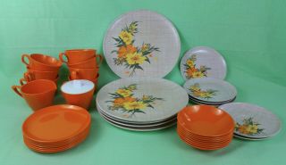 Vintage 60’s Lenox Ware Dinnerware Yellow Orange Floral For 6,  Melmac Melamine