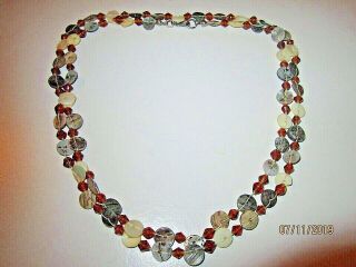 Vtg Exotic Handmade Mother Of Pearl Abalone Amber Art Glass Estate Necklace 36 "