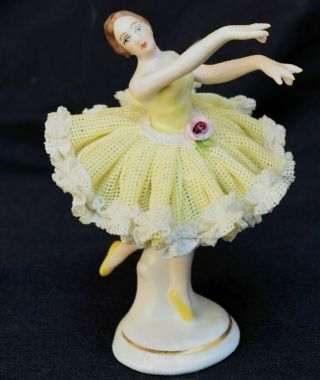Yellow Vintage Dresden Lace 4 " Porcelain Ballerina Figurine - Numbered