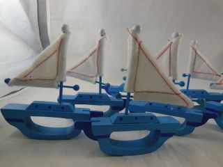 9 Vintage Wooden Blue Sail Boats with felt sails Napkin Holder Rings Nautical 3