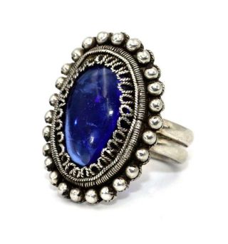 Vintage Mid 20thc Chinese Silver Large Long Finger Ring,  Blue Stone 