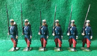 Vintage Metal Toy Soldiers With Gun And Bayonet And Blue & Red Uniforms