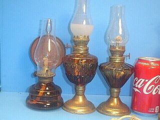 5 VINTAGE SMALL AMBER GLASS OIL LAMPS MADE IN HONG KONG 2