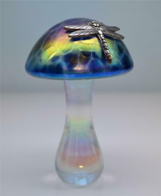 Lovely Vintage Iridescent Glass Mushroom Dragonfly Paperweight John Ditchfield?