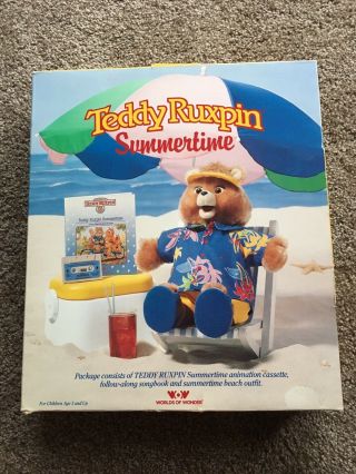 Vintage Teddy Ruxpin Summertime Musical Book & Cassette Beach Outfit 1987 W/ Box