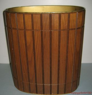 Vintage Mcm Walnut Wooden Trash Can Waste Basket Oval Wood Aluminum
