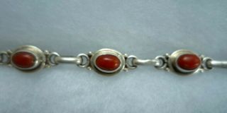 Vintage Sterling Silver Red Coral Cabochon Link Bracelet 19cm 7 1/2 "