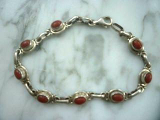 Vintage Sterling Silver Red Coral Cabochon Link Bracelet 19cm 7 1/2 