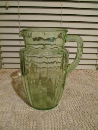 Vintage Green Depression Glass Water Pitcher 8 1/2 " Tall - Vertical Ribbed Ex