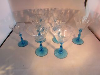 Vintage Set Of 8 Clear Blue Stemmed Depression Glass Martini Cocktail Etched