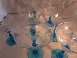VINTAGE SET OF 8 CLEAR BLUE STEMMED DEPRESSION GLASS MARTINI COCKTAIL ETCHED 3