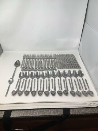 Vtg Mid Century Bamboo Stainless Korea Flatware Spoons Knives Forks 62 Piece Set