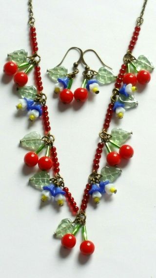 Czech Cherry/white Flower Glass Bead Necklace/earrings Set Vintage Deco Style