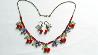 Czech Cherry/White Flower Glass Bead Necklace/Earrings set Vintage Deco Style 4
