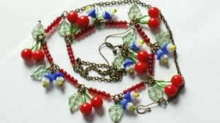 Czech Cherry/White Flower Glass Bead Necklace/Earrings set Vintage Deco Style 5