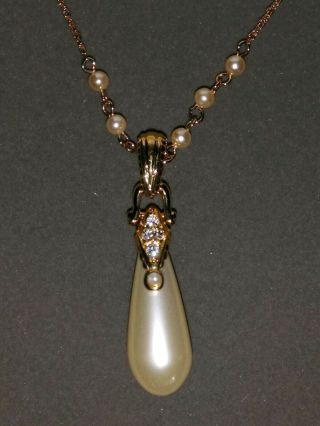 NOLAN MILLER Pearl Drop Necklace Crystals Gold Tone Long W BOX Vintage 2