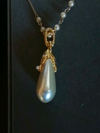 NOLAN MILLER Pearl Drop Necklace Crystals Gold Tone Long W BOX Vintage 3