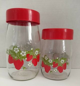Set Of 2 Vintage Carlton Glass Strawberry Print Jars With Red Twist Lid Canister
