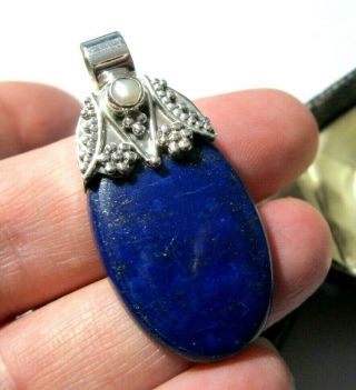 Big Sterling Silver Vintage Style Lapis Lazuli & Real Pearl Necklace Pendant