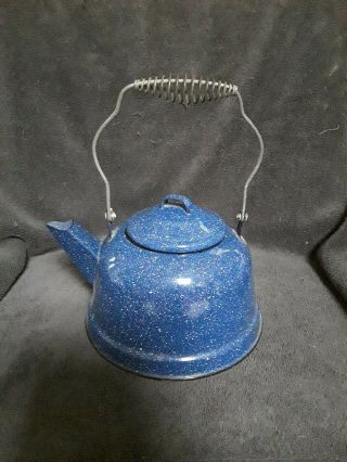 Vintage Blue Speckled Enamelware Cast Iron Teapot Wire Handle Camping Farm House