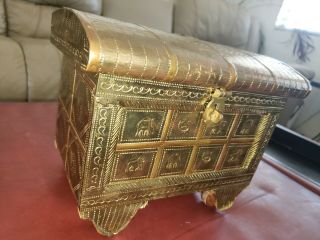 Chinese Vintage Wood And Brass Copper Jewelry Chest Zodiac Box Wheels Oriental