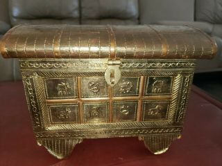 Chinese Vintage Wood and Brass copper Jewelry Chest Zodiac Box wheels Oriental 2