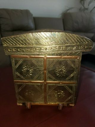 Chinese Vintage Wood and Brass copper Jewelry Chest Zodiac Box wheels Oriental 3