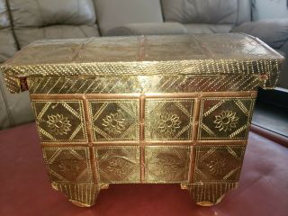 Chinese Vintage Wood and Brass copper Jewelry Chest Zodiac Box wheels Oriental 4