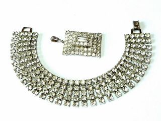 Stunning Vintage 50s 5 Row Sparkly Clear Rhinestone Bracelet & Matching Pendant