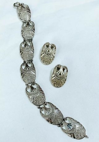 Vtg Germany Deco Filigree Sterling Silver Panel Link Bracelet Clip On Earrings 3