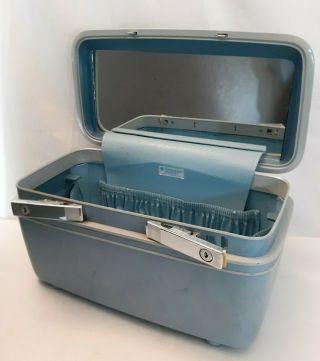 Vtg Samsonite Profile Blue Train Case Luggage Makeup Cosmetic Mirror Mcm Read