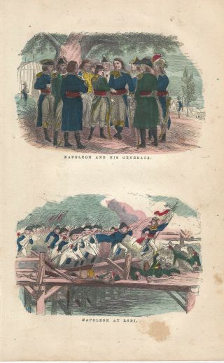 Napoleon Bonaparte Battle Of Lodi Watercolor Bookplate Art 1850 Vintage