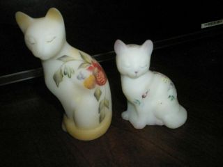 (2) Vintage Opalescent Floral Artist Signed,  & Hand - Painted Fenton Glass Cats
