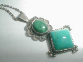 Vintage Navajo Sterling Silver Signed Turquoise Concho 2 Gem Pendant Necklace