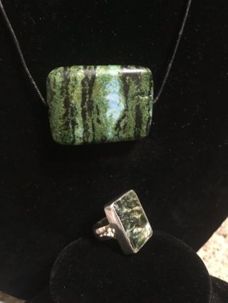 Vintage Green Sterling Silver 925 Ring Sz 5 & stone necklace on leather,  hippie 4