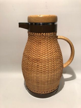 Vintage Corning Design Wicker Thermos Coffee Tea Carafe Pitcher Wood Lid