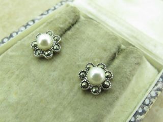 Vintage Sterling Silver 925 Pearl & Marcasite Stud Earrings