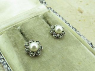 Vintage Sterling Silver 925 Pearl & Marcasite Stud Earrings 2