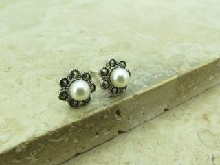 Vintage Sterling Silver 925 Pearl & Marcasite Stud Earrings 3