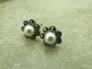 Vintage Sterling Silver 925 Pearl & Marcasite Stud Earrings 4