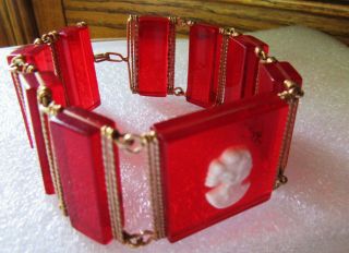 Vintage Glowing Candy Apple Red See Thru Panel Bracelet Tiny Center White Cameo
