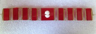 VINTAGE GLOWING CANDY APPLE RED SEE THRU PANEL BRACELET TINY CENTER WHITE CAMEO 3