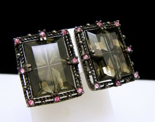 Vintage Sarah Coventry Midnight Magic Clip Earrings Smoke Window Glass Pink Rhin